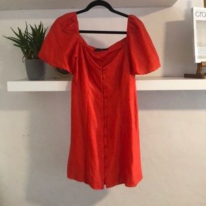 Red linen mini dress with sleeves